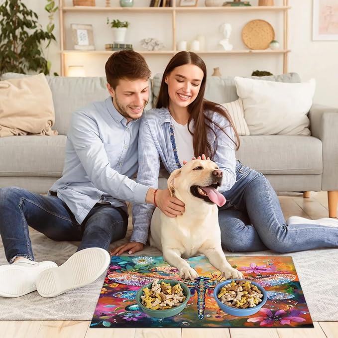 Dragonfly Dog Food Mat for Floors Absorbent, Quick Dry Water Dispenser Mat for Food, Water, Pet Supplies 16" x 24", Flower