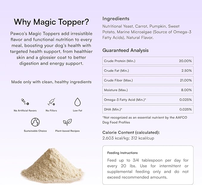 Pawco Dog Food Toppers for Picky Eaters, Skin & Coat – Supports Healthy Skin & Shiny Fur – Functional Dog Food Flavor Enhancer with Omega-3, DHA, Pumpkin & Carrots – Magic Topper – 5.6oz