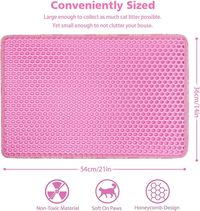 Cat Litter Mat, 21 x 14 Inches Large Honeycomb Double Layer Cat Litter Trapping Mat, Non Slip Waterproof Urine Proof Cat Litter Box Mat, Kitten Supplies and Essentials, Pink