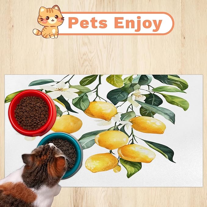 Lemon Dog Food Mat for Floors Absorbent Dog Bowl Mat for Food and Water Dispenser Quick Dry Cat Food Placemat Pet Supplies 12" x 20", Floral Plant