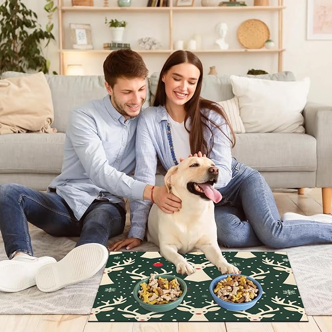 Christmas Deer Dog Food Mat for Floors Absorbent, Quick Dry Water Dispenser Mat for Food, Water, Pet Supplies 16" x 24", Winter Snowflake