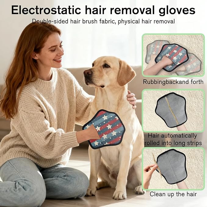 Stars Stripes Theme Electrostatic Pet Hair Removal Glove for Cats & Dogs - Reusable Grooming Mitt for Couch, Carpet, Car Seat & Laundry - Large 9x9 Inch