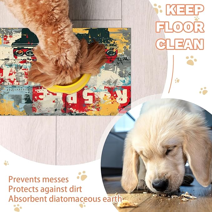Vintage Car Dog Food Mat for Floors Absorbent, Quick Dry Water Dispenser Mat for Food, Water, Pet Supplies 12" x 20", Abstract Graffiti