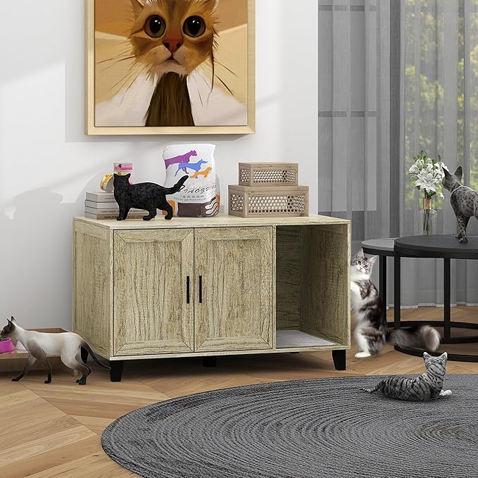TaoHFE Hidden Cat Litter Box Enclosure Furniture with Cats Scratch Pad Farmhouse Enclosed Cat Litter Boxes Cabinet Furniture with Doors Wooden Indoor Cats Box House,Oak