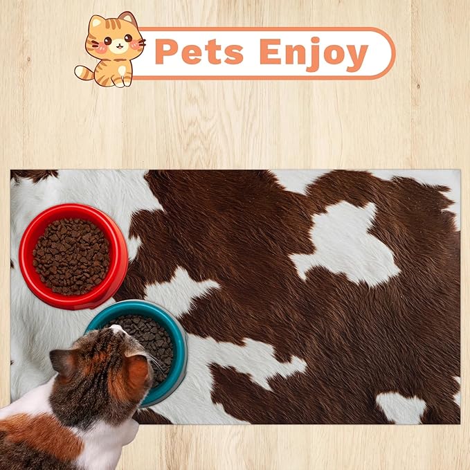 Brown Fur Dog Food Mat for Floors Absorbent Dog Bowl Mat for Food and Water Dispenser Quick Dry Cat Food Placemat Pet Supplies 12" x 20", Milk Cow Skin
