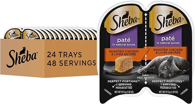 Sheba Perfect Portions Wet Cat Food Pate Roasted Chicken & Liver Entree, 2.6 oz. Twin-Pack Trays, Cat Food Wet Recipe (24 Count, 48 Servings)