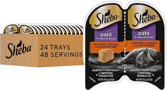 Sheba Perfect Portions Wet Cat Food Pate Roasted Chicken & Liver Entree, 2.6 oz. Twin-Pack Trays, Cat Food Wet Recipe (24 Count, 48 Servings)
