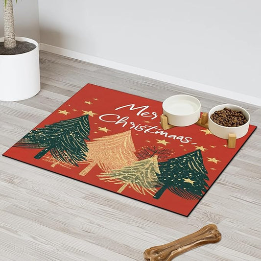 Merry Christmas Dog Food Mat for Floors Absorbent, Quick Dry Water Dispenser Mat for Food, Water, Pet Supplies 24" x 32", Christmas Tree