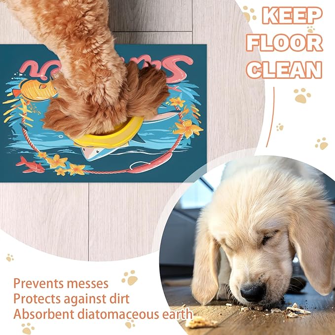 Funny Sharks Dog Food Mat for Floors Absorbent Dog Bowl Mat for Food and Water Dispenser Quick Dry Cat Food Placemat Pet Supplies 17" x 30", Hello Summer