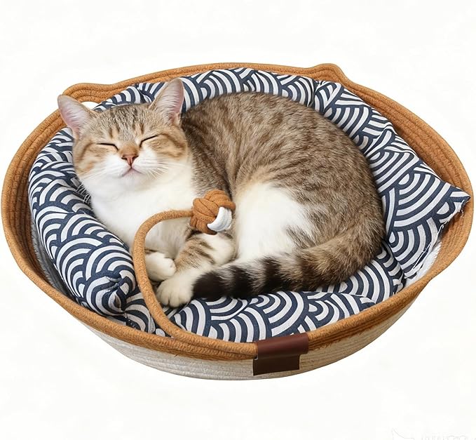 Instinct Basket,Stimulicat Cat Bed,Stimulicat Cat Bed Rope Cotton with Cushion,Eliminates Bed Rejection Round Pet Basket,Boho Catbed for Cats Handwoven Scratchable Breathable Weave (White, Large-A)
