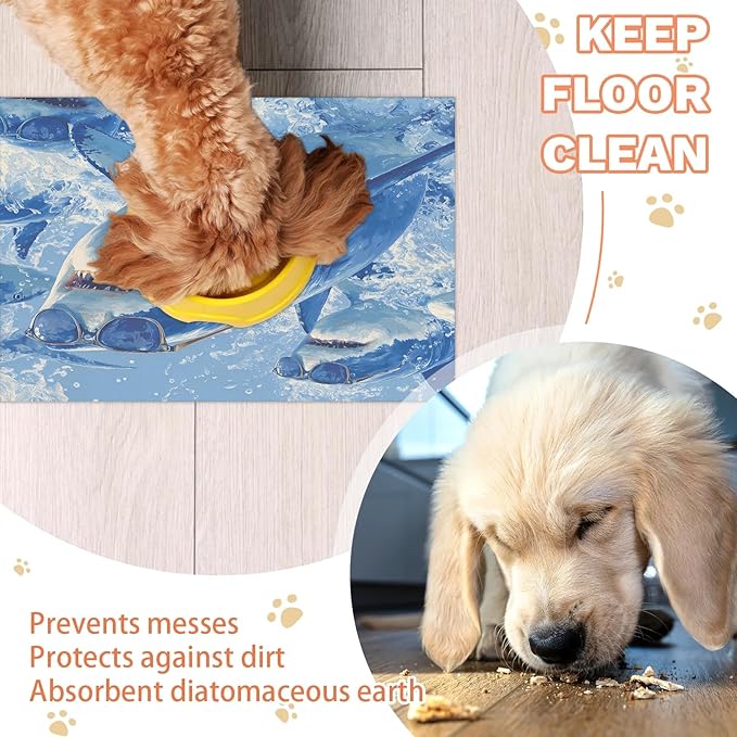 Cool Sharks Dog Food Mat for Floors Absorbent Dog Bowl Mat for Food and Water Dispenser Quick Dry Cat Food Placemat Pet Supplies 24" x 32", Coastal Nautical