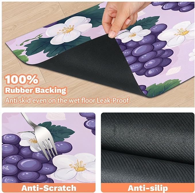 Purple Grape Dog Food Mat for Floors Absorbent Dog Bowl Mat for Food and Water Dispenser Quick Dry Cat Food Placemat Pet Supplies 24" x 32", Summer Floral