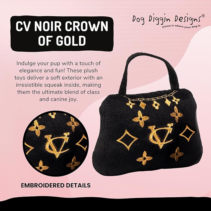 Dog Diggin Designs Chewy Vuiton Crown of Gold Plush Dog Toy | Luxury-Inspired Parody Royal Crown with Squeaker, Soft Plush Statement Dog Toy – Fashion-Forward Play
