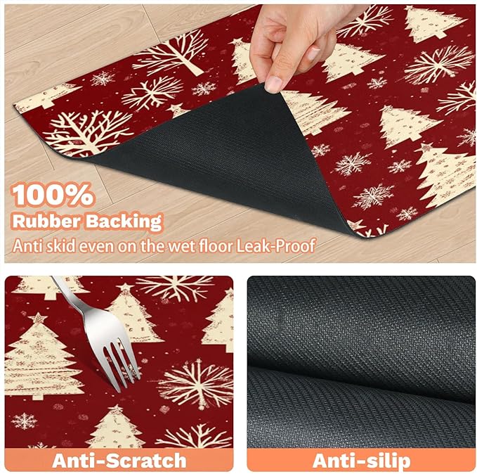 Xmas Tree Dog Food Mat for Floors Absorbent, Quick Dry Water Dispenser Mat for Food, Water, Pet Supplies 17" x 30", Christmas Snowflakes