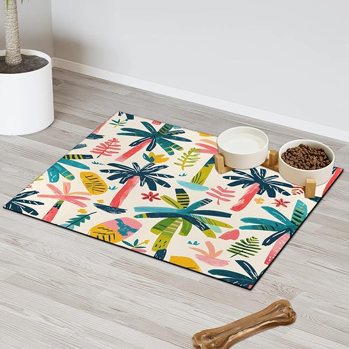 Palm Tree Dog Food Mat for Floors Absorbent, Quick Dry Water Dispenser Mat for Food, Water, Pet Supplies 16" x 24", Tropical Leaf