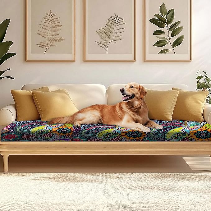HANDONTIME 8Pcs Outdoor Patio Cushion Covers Boho Paisley Stretch Couch Cushion Cover Patio Couch Slipcover for Outdoor/Indoor Washable Non-Slip Furniture Protector for Pet (Blue Green,Cover Only)