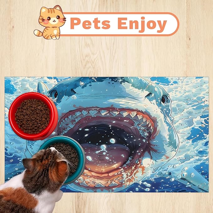 Sharks Dog Food Mat for Floors Absorbent Dog Bowl Mat for Food and Water Dispenser Quick Dry Cat Food Placemat Pet Supplies 16" x 24", Sea Ocean