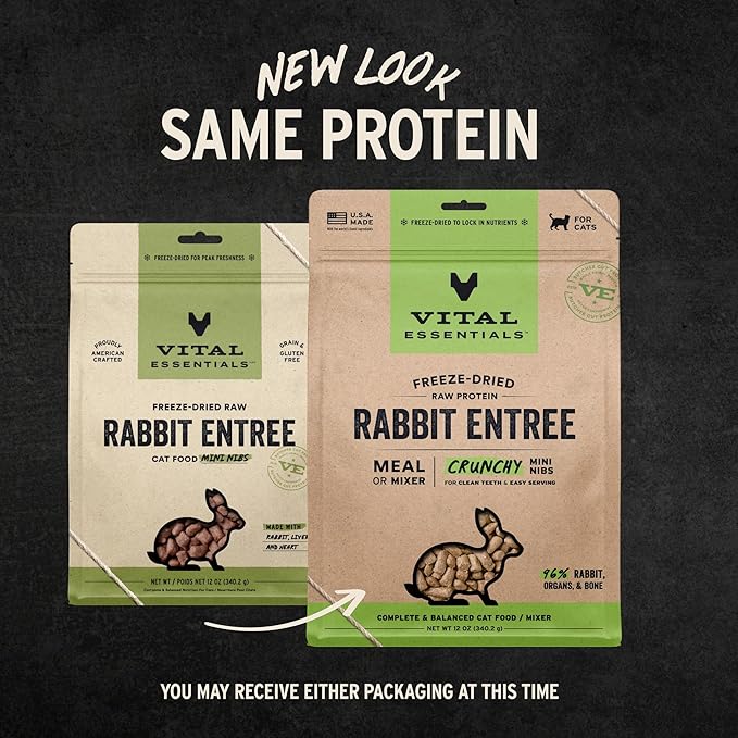 Vital Essentials Freeze Dried Cat Food, Raw Rabbit Crunchy Mini Nibs | Complete Meal or Topper | 96% Rabbit, Organs & Bone | Limited Ingredient, High Protein, Grain Free Dry Cat Food | 12 oz Bag