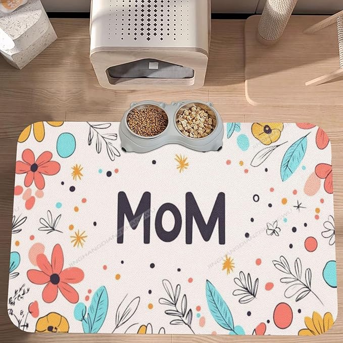 Pet Feeding Mats with Residue Collection Happy Mother's Day Floral Gift for Mom Kt Waterproof Dog Cat Bowl Mat 18X12In with Prevent Water Food Spills