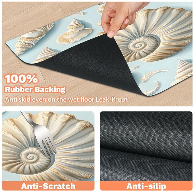 Seashell Dog Food Mat for Floors Absorbent Dog Bowl Mat for Food and Water Dispenser Quick Dry Cat Food Placemat Pet Supplies 16" x 24", Nautical Coastal