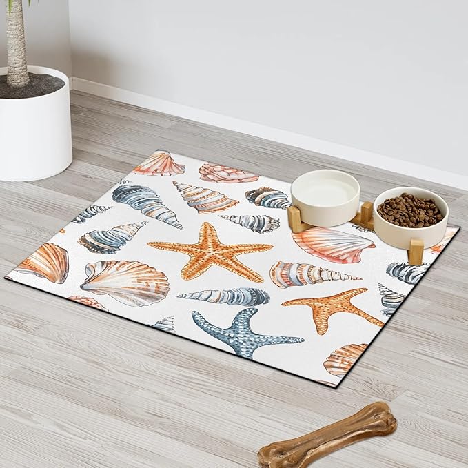 Starfish Seashell Dog Food Mat for Floors Absorbent Dog Bowl Mat for Food and Water Dispenser Quick Dry Cat Food Placemat Pet Supplies 16" x 24", Nautical Coastal