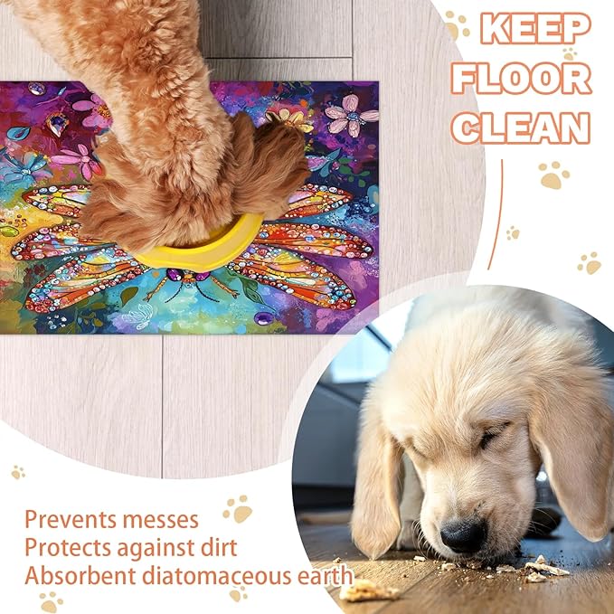 Watercolor Dragonfly Dog Food Mat for Floors Absorbent, Quick Dry Water Dispenser Mat for Food, Water, Pet Supplies 24" x 32", Floral
