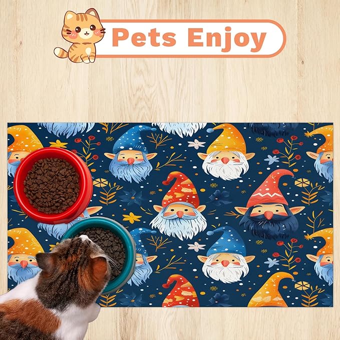 Merry Christmas Dog Food Mat for Floors Absorbent, Quick Dry Water Dispenser Mat for Food, Water, Pet Supplies 24" x 32", Cute Dwarfs
