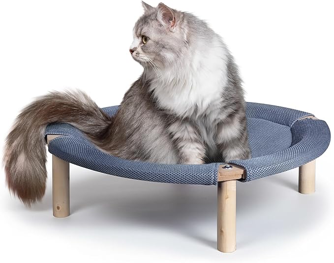 Wooden Elevated Cat Bed Hammock Breathable Scratch-Resistant Fabric, Pet Bed Suitable for Cats, Small Dogs, Rabbits up to 33 lbs, Grey (Medium, Round-Type)