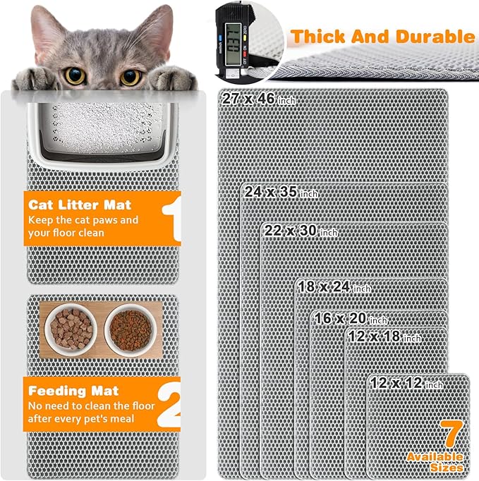 Waterproof Cat Litter Mat, Double Layer EVA, Odor-Free Large Grid, Urine Proof, Easy Cleanup (Gray, 16 x 20)
