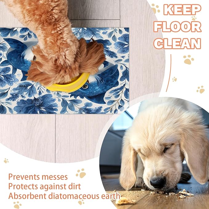 Funny Shark Dog Food Mat for Floors Absorbent Dog Bowl Mat for Food and Water Dispenser Quick Dry Cat Food Placemat Pet Supplies 12" x 20", Coastal Nautical