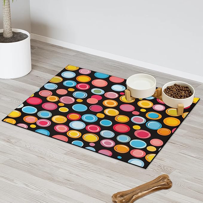 Polka Dot Dog Food Mat for Floors Absorbent Dog Bowl Mat for Food and Water Dispenser Quick Dry Cat Food Placemat Pet Supplies 16" x 24", Colorful Circles
