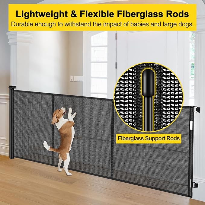 Reinforced 42” Tall x 160” Extra Wide Retractable Baby Gates with Support Rods, Outdoor Pet Gate for Wide Openings, Tall Baby Gates for Dogs Extra Long Dog Gate Large Outdoor Gates for Decks, Black