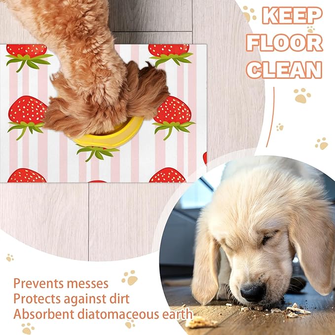 Red Strawberry Dog Food Mat for Floors Absorbent Dog Bowl Mat for Food and Water Dispenser Quick Dry Cat Food Placemat Pet Supplies 17" x 30", Pink Stripe