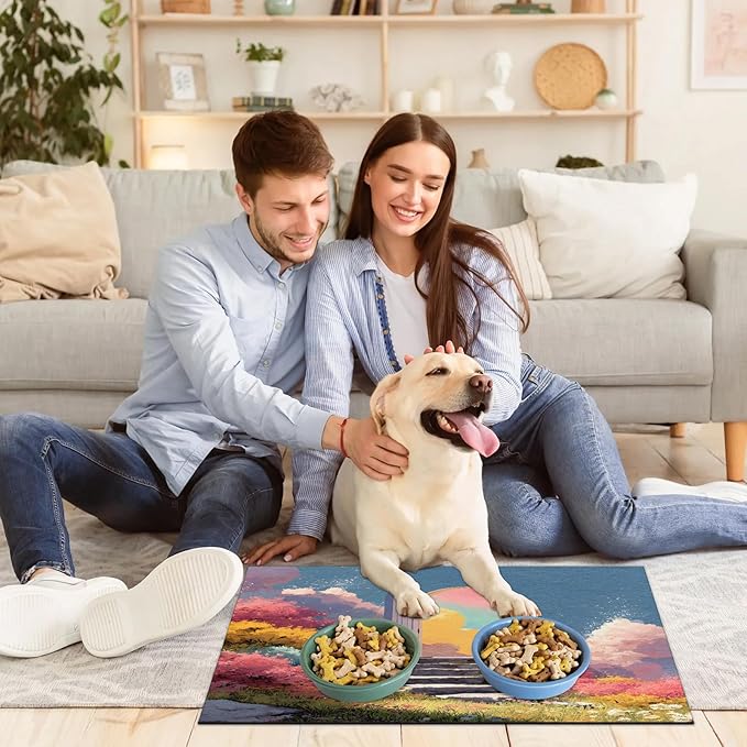 Cloud Door Dog Food Mat for Floors Absorbent, Quick Dry Water Dispenser Mat for Food, Water, Pet Supplies 24" x 32", Colorful Flower