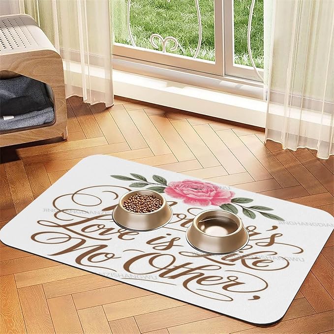 Pet Feeding Mats with Residue Collection Happy Mother's Day Floral Gift for Mom Dc Waterproof Dog Cat Bowl Mat 24x16In with Prevent Water Food Spills
