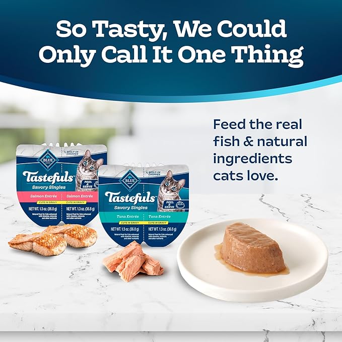 Blue Buffalo Tastefuls Savory Singles Natural Wet Cat Food Cuts in Gravy, Salmon and Tuna Variety Pack, 2.6-oz. Trays, 12-Count