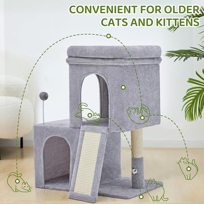 32inch Tall Cat Tree with 2 cat condo for Adult Cats Cozy Cat Tower with Scratching Post and Scrather Board for Cats of Different Ages.（Light Grey）