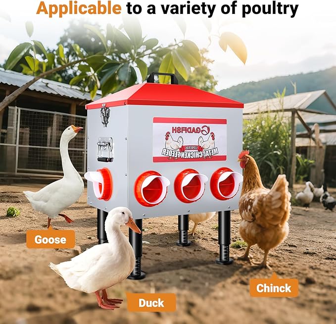GADFISH 55 lbs–65 lbs Large Capacity Automatic Chicken Feeder - 8 Feeding Ports, No Waste Chicken Feeder, Height-Adjustable Legs & Secure Locking Lid for Chickens, Ducks & Poultry