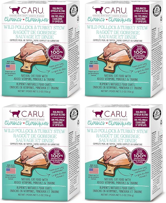 Caru - Classics Wild Pollock & Turkey Stew for Cats - Healthy Functional Wet Cat Food or Food Topper - Balanced Omega Blend - 5.5 oz Cartons - Pack of 4