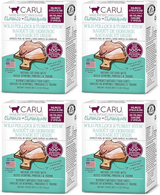 Caru - Classics Wild Pollock & Turkey Stew for Cats - Healthy Functional Wet Cat Food or Food Topper - Balanced Omega Blend - 5.5 oz Cartons - Pack of 4