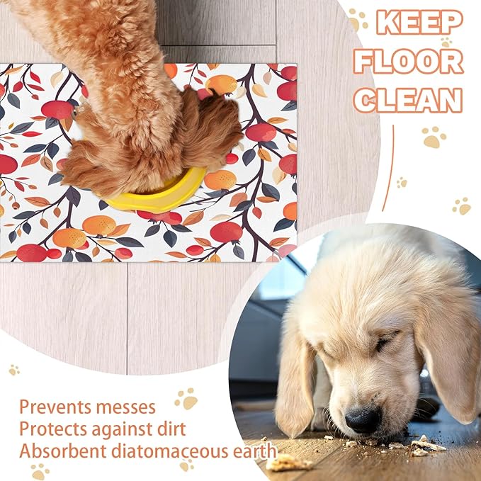 Pomegranate Dog Food Mat for Floors Absorbent Dog Bowl Mat for Food and Water Dispenser Quick Dry Cat Food Placemat Pet Supplies 12" x 20", Tree