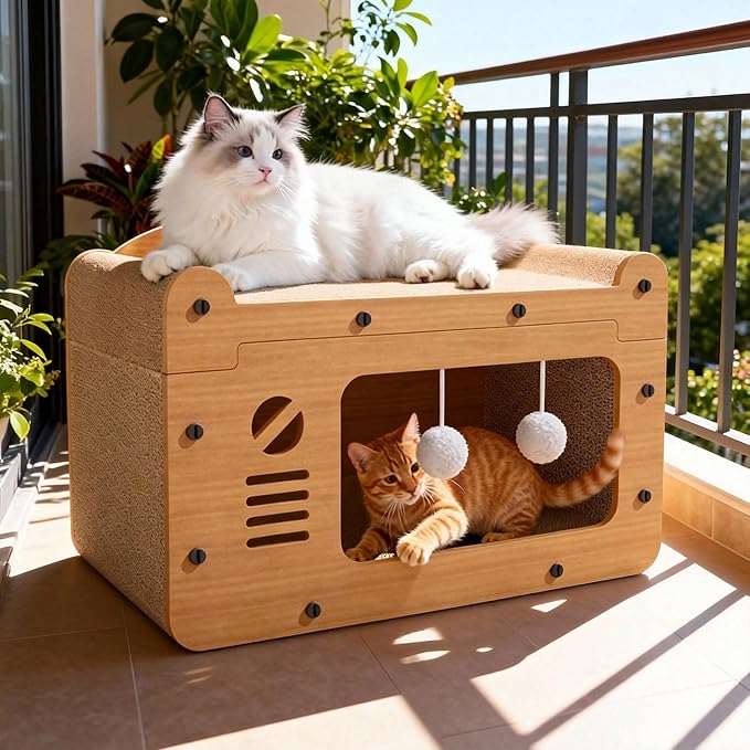 Multi-Function Cat Scratcher House Box,3-in-1 Scratch Pad and Soft Bed & Play Cave with Toys, Durable Build & Ideal for Cats/Kitty (Yellow,MD-TV)