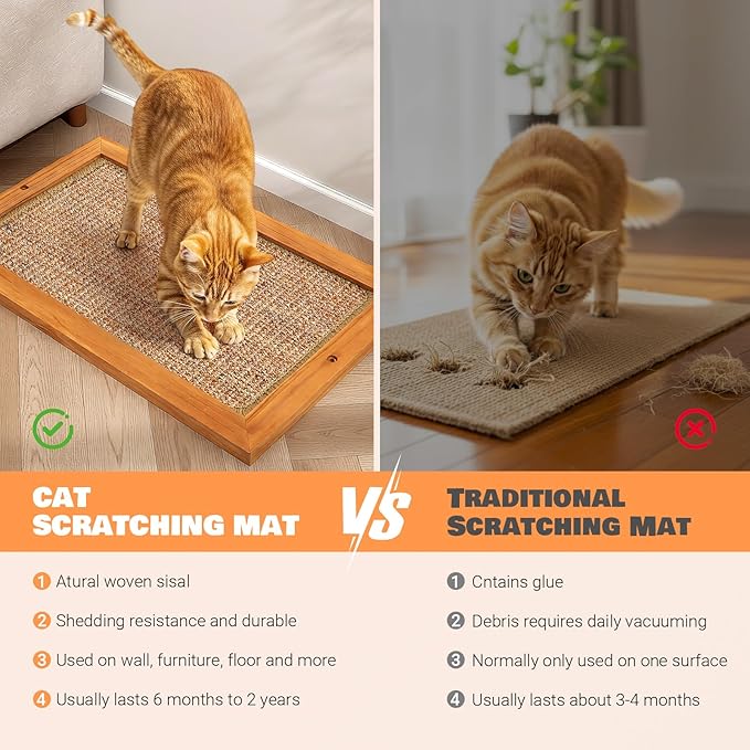 Wall Mounted Cat Scratching Post, Wooden Sisal Panel Scratcher, Natural Wood Frame with Durable Sisal Rope Surface for Cats，Space Saving Wall Furniture for Cats, Protects Furniture from Scratching