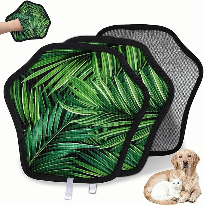 Reusable Pet Hair Removal Glove Green Palm Leaves Magic Brush for Cat & Dog Hair Remover for Car, Sofa, Bedding, Clothes - 9x9 Mitt Washable