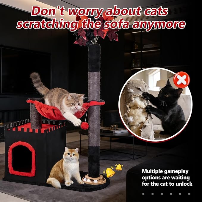 Cat Tree 38" Tower with Large Hammock, Scratching Post for Indoor Cats with Condo, Cat Furniture Track Balls and Bouncy Ball, Red Black