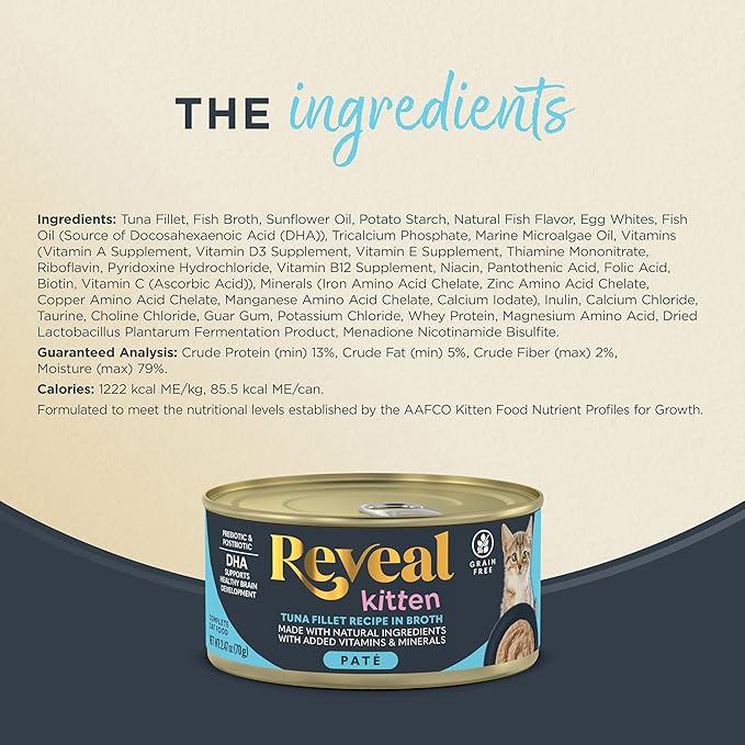 Reveal Entrées Natural Wet Kitten Food Paté, Grain-Free with Added Vitamins & Minerals, Carrageenan-Free and High Protein, Tuna Fillet in Paté (12 x 2.47 oz Cans)
