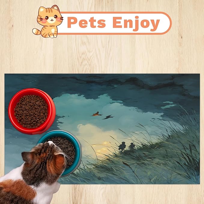 Sky Scenery Dog Food Mat for Floors Absorbent, Quick Dry Water Dispenser Mat for Food, Water, Pet Supplies 24" x 32", Grass