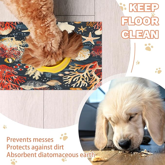 Sea Ocean Dog Food Mat for Floors Absorbent Dog Bowl Mat for Food and Water Dispenser Quick Dry Cat Food Placemat Pet Supplies 24" x 32", Seashell