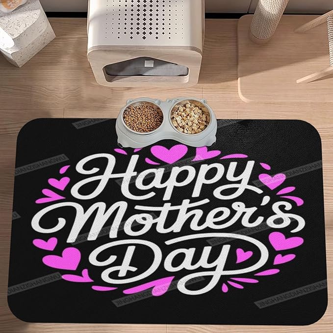 Non Slip Mat for Dog Pet Cat Dog Food Mats Happy Mother's Day Floral Gift for Mom Fq Water Bowl Mat Quick Dry Absorbent Cat Feeding Mats 18X12In