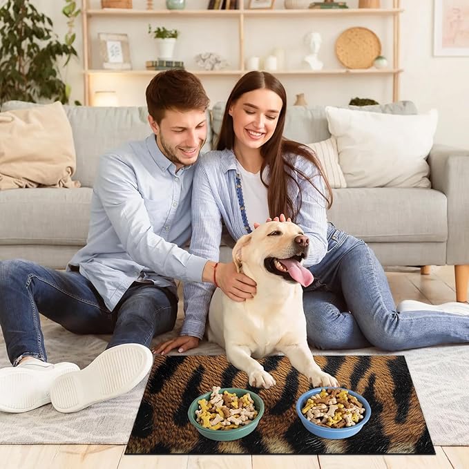 Brown Leopard Dog Food Mat for Floors Absorbent Dog Bowl Mat for Food and Water Dispenser Quick Dry Cat Food Placemat Pet Supplies 24" x 32", Black Brown Wildlife